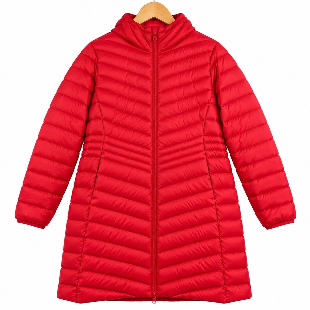 Lands End Womens 1X Red Ultralight Down Hooded Puffer Coat Long Parka Jacket